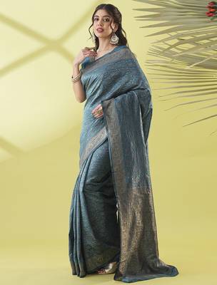 Light blue pure silk woven zari work saree with blouse 3