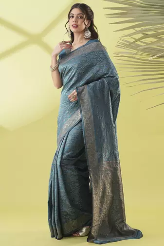 Light blue pure silk woven zari work saree with blouse