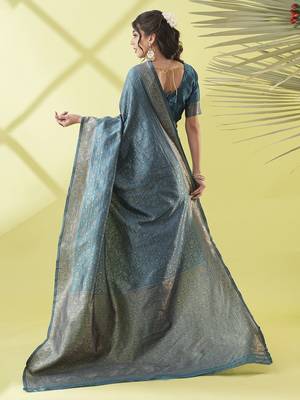 Light blue pure silk woven zari work saree with blouse 4