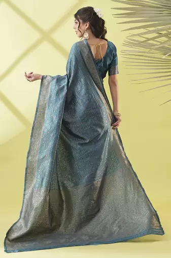 Light blue pure silk woven zari work saree with blouse