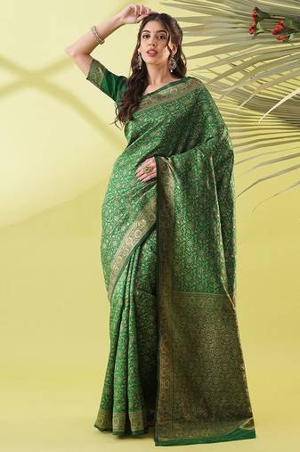 Green pure silk woven zari work saree with blouse
