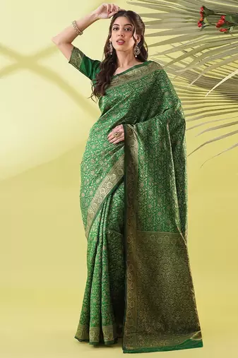 Green pure silk woven zari work saree with blouse