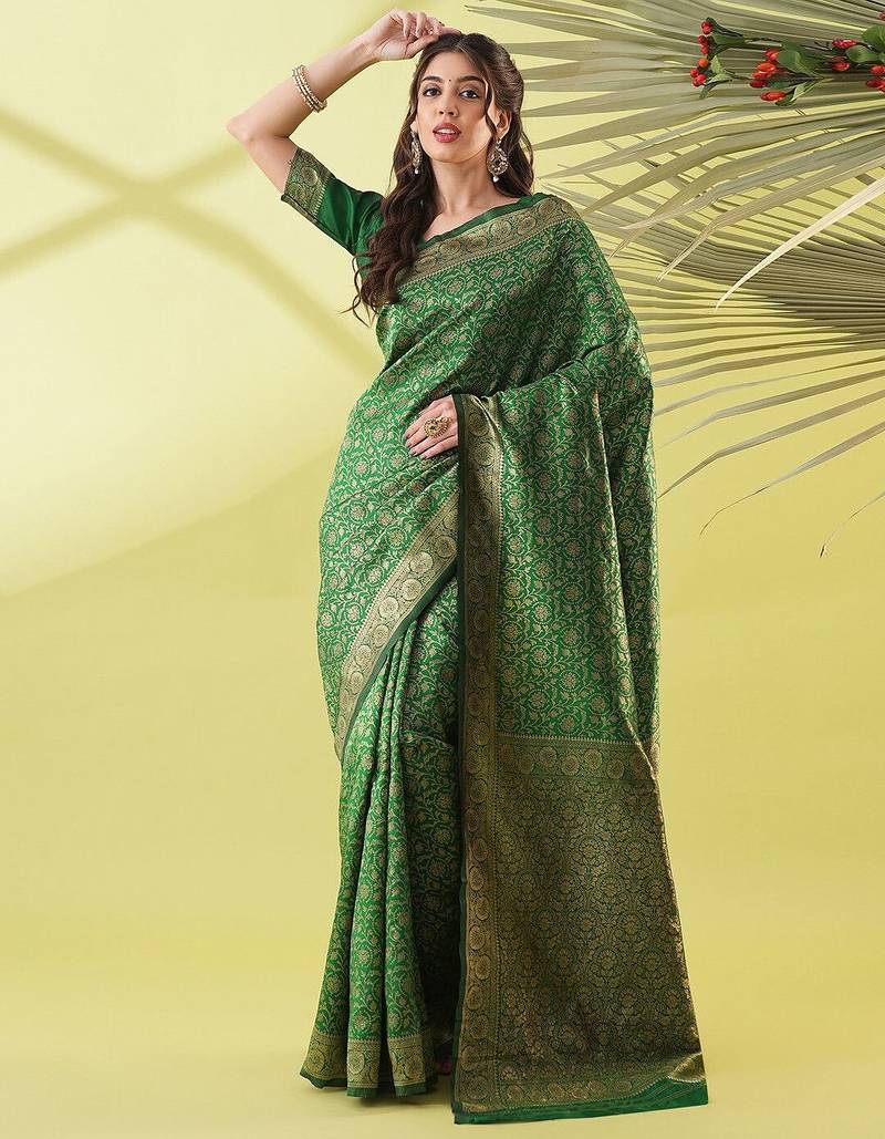 Green pure silk woven zari work saree with blouse