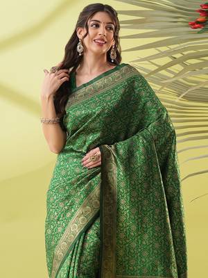 Green pure silk woven zari work saree with blouse 2