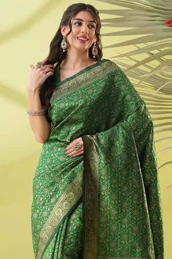 Green pure silk woven zari work saree with blouse