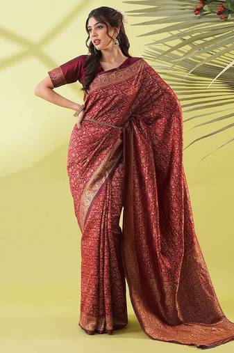 Maroon pure silk woven zari work saree with blouse