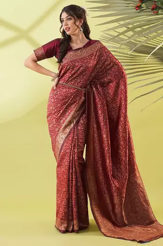 Maroon pure silk woven zari work saree with blouse
