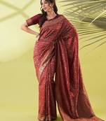 Maroon pure silk woven zari work saree with blouse