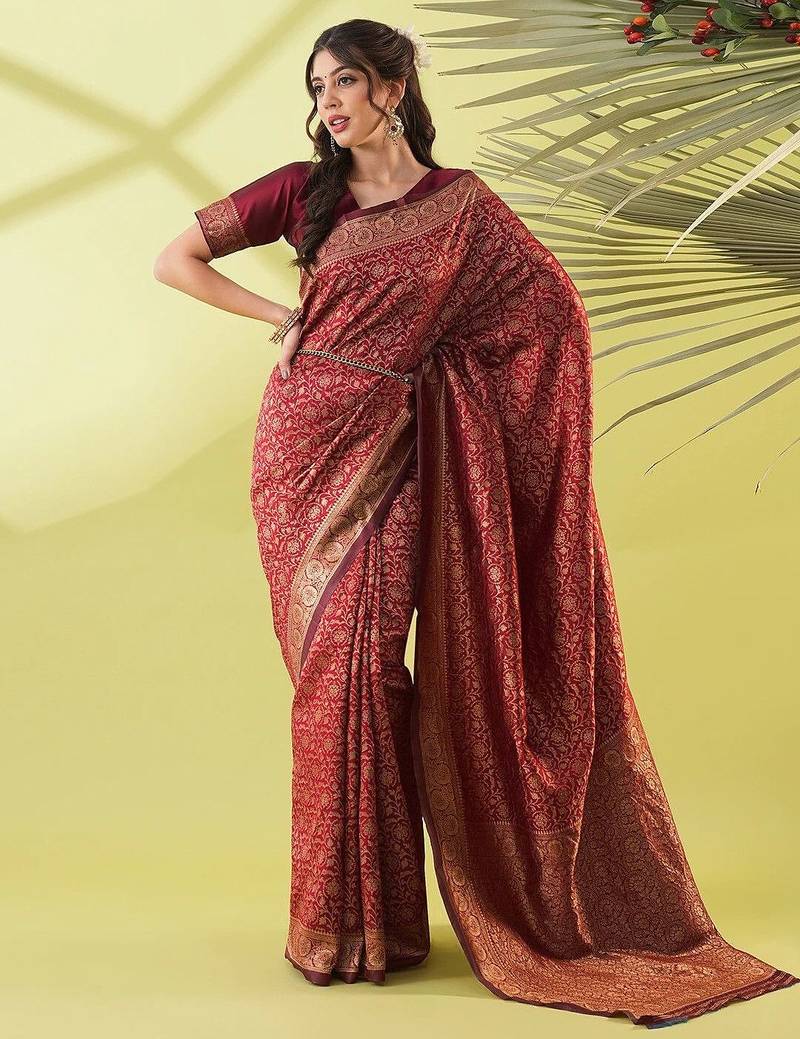 Maroon pure silk woven zari work saree with blouse