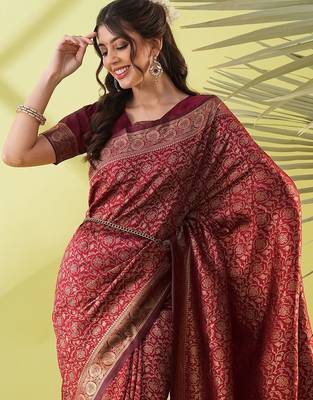 Maroon pure silk woven zari work saree with blouse 2