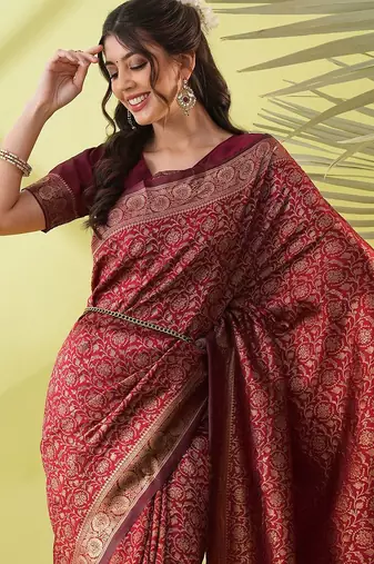 Maroon pure silk woven zari work saree with blouse