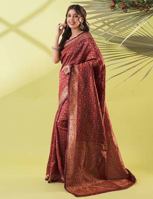 Maroon pure silk woven zari work saree with blouse 3