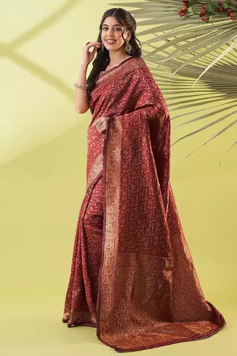 Maroon pure silk woven zari work saree with blouse