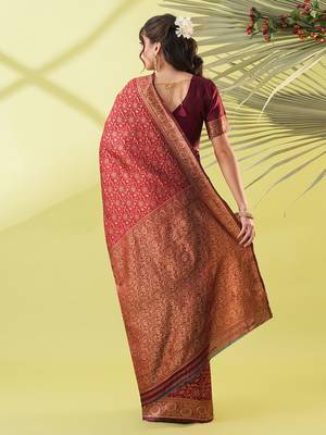 Maroon pure silk woven zari work saree with blouse 4