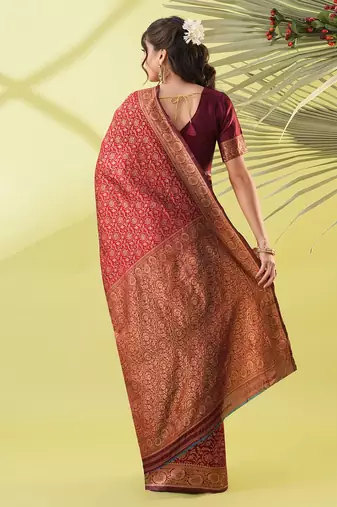 Maroon pure silk woven zari work saree with blouse