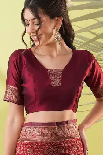 Maroon pure silk woven zari work saree with blouse