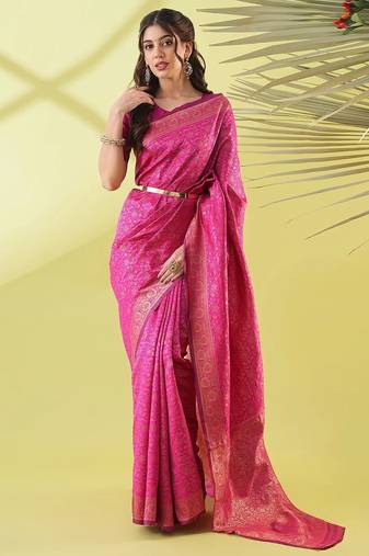 Pink pure silk woven zari work saree with blouse