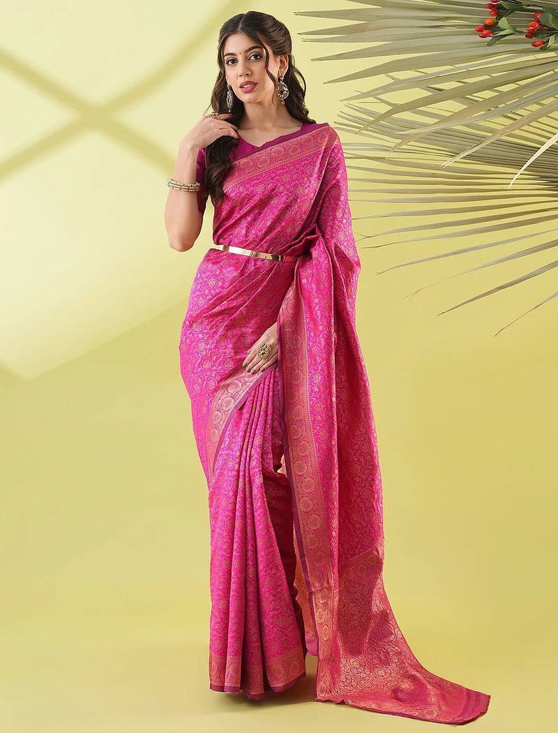 Pink pure silk woven zari work saree with blouse