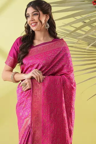 Pink pure silk woven zari work saree with blouse