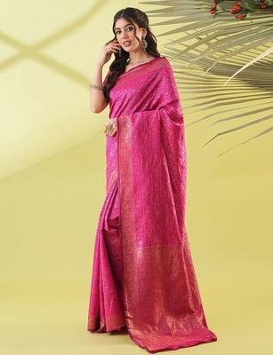 Pink pure silk woven zari work saree with blouse 3