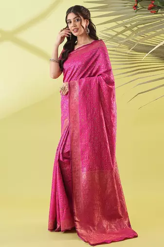 Pink pure silk woven zari work saree with blouse