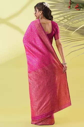 Pink pure silk woven zari work saree with blouse