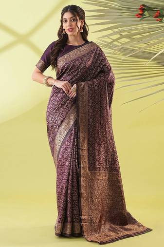 Magenta pure silk woven zari work saree with blouse