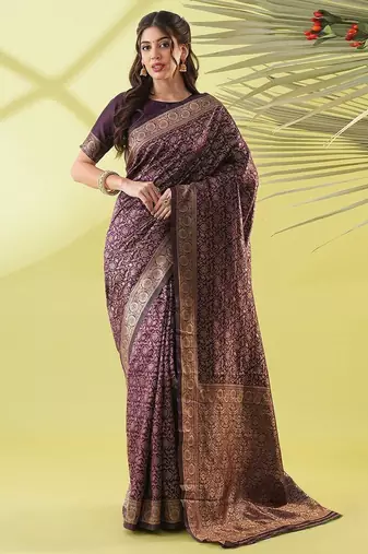 Magenta pure silk woven zari work saree with blouse