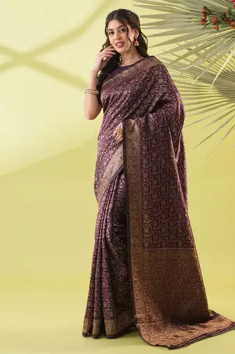 Magenta pure silk woven zari work saree with blouse