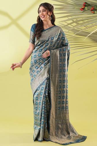 Light blue pure silk woven zari work saree with blouse