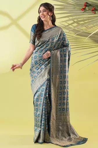 Light blue pure silk woven zari work saree with blouse