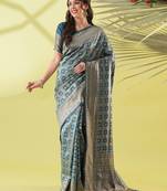 Light blue pure silk woven zari work saree with blouse