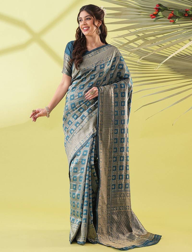 Light blue pure silk woven zari work saree with blouse