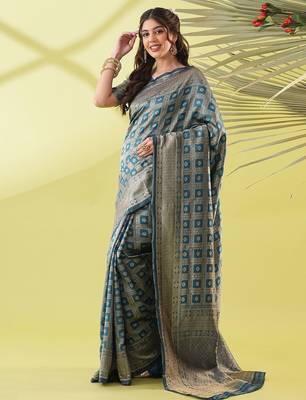 Light blue pure silk woven zari work saree with blouse 2