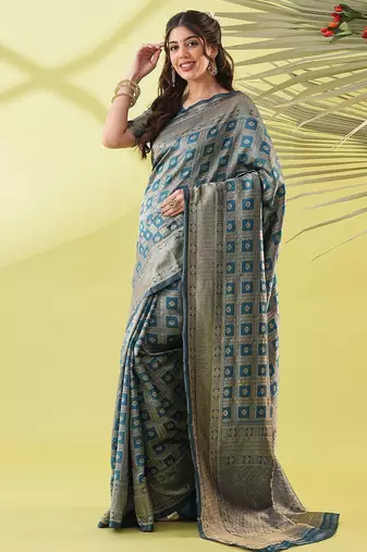 Light blue pure silk woven zari work saree with blouse