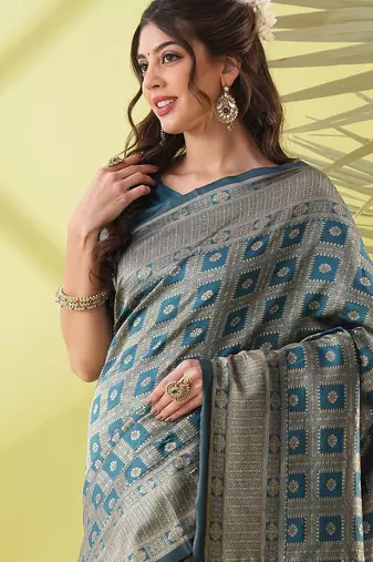 Light blue pure silk woven zari work saree with blouse