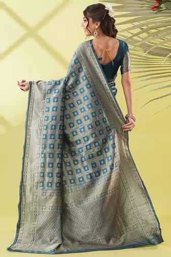 Light blue pure silk woven zari work saree with blouse