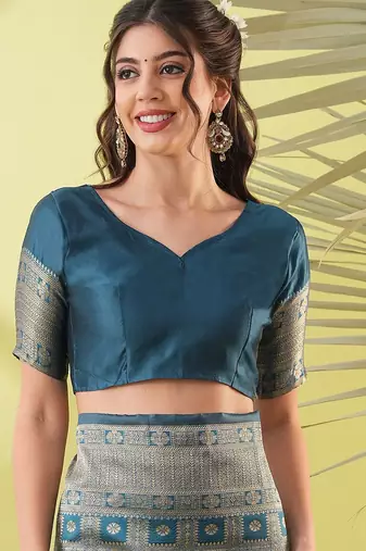 Light blue pure silk woven zari work saree with blouse