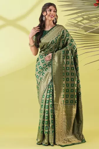 Green pure silk woven zari work saree with blouse