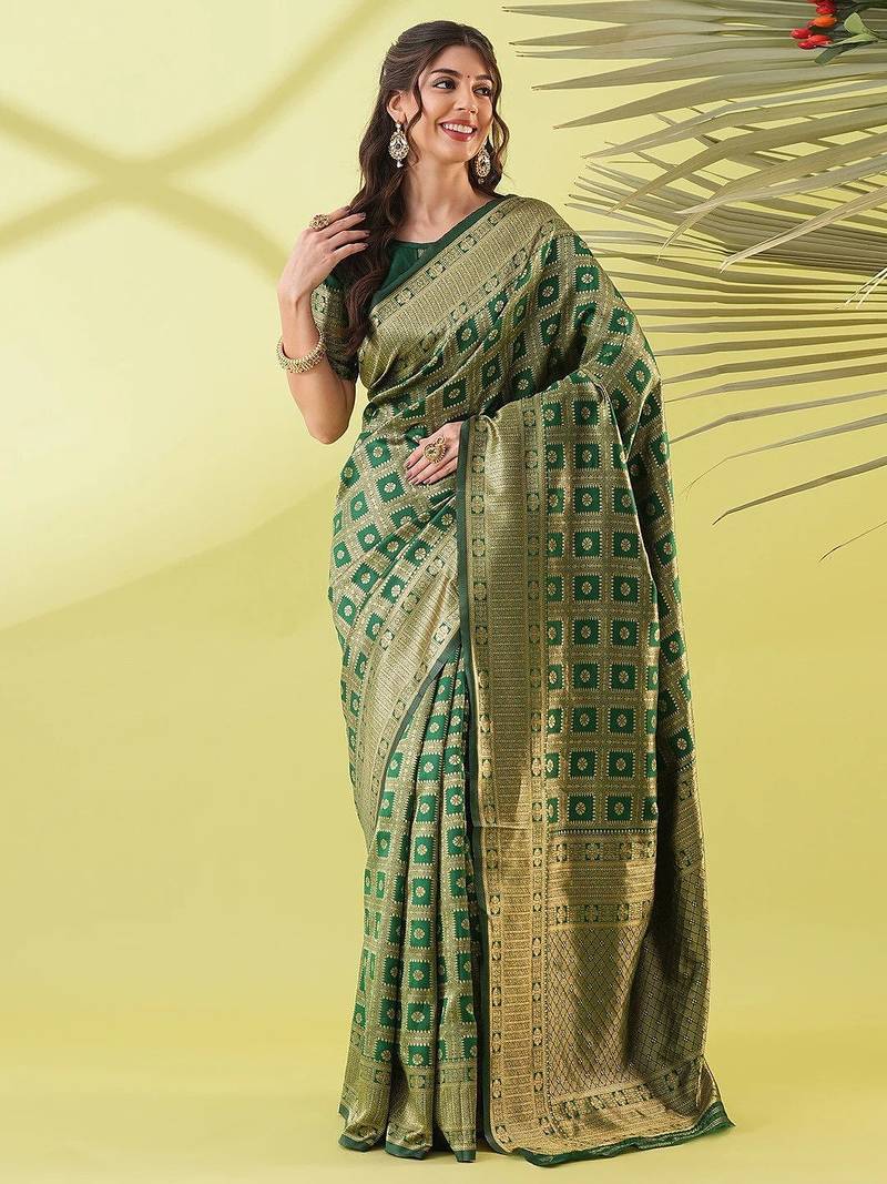 Green pure silk woven zari work saree with blouse