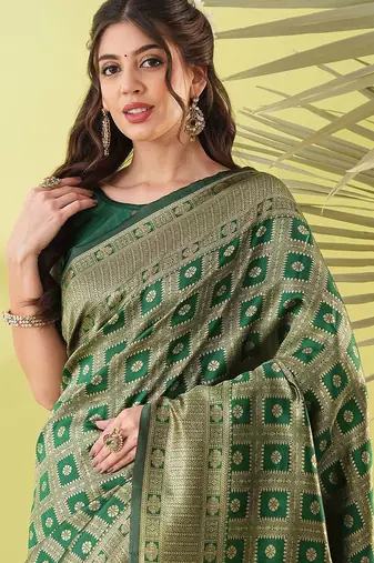 Green pure silk woven zari work saree with blouse