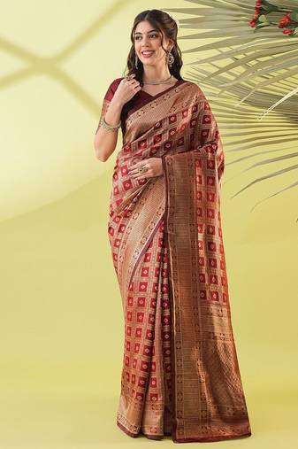 Maroon pure silk woven zari work saree with blouse