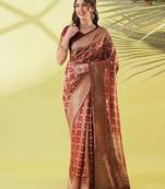 Maroon pure silk woven zari work saree with blouse