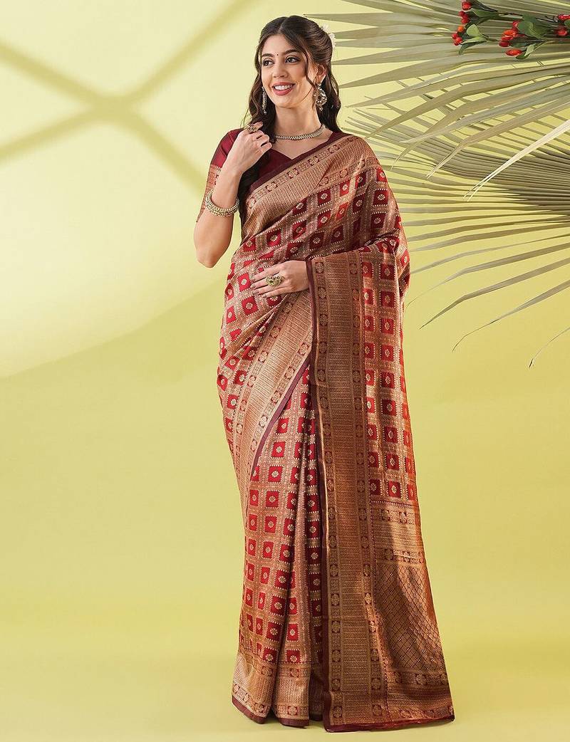 Maroon pure silk woven zari work saree with blouse
