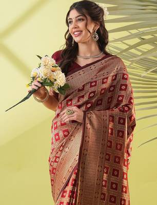 Maroon pure silk woven zari work saree with blouse 2