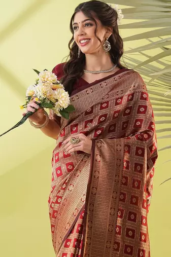 Maroon pure silk woven zari work saree with blouse