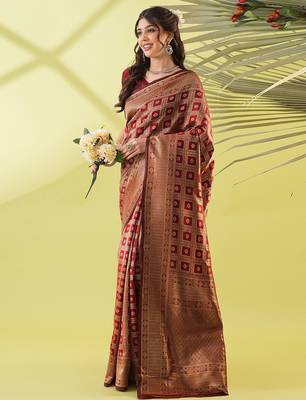 Maroon pure silk woven zari work saree with blouse 3