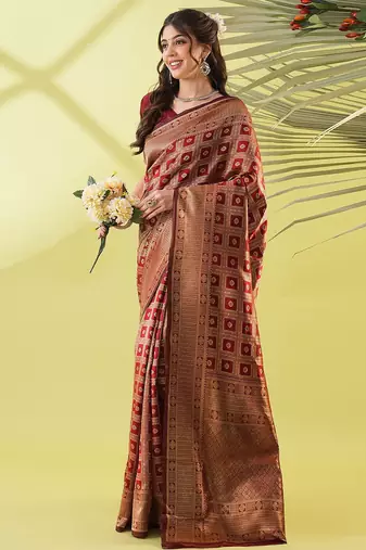 Maroon pure silk woven zari work saree with blouse