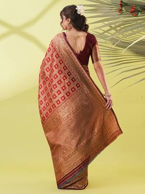 Maroon pure silk woven zari work saree with blouse 4