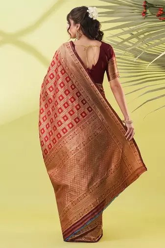 Maroon pure silk woven zari work saree with blouse